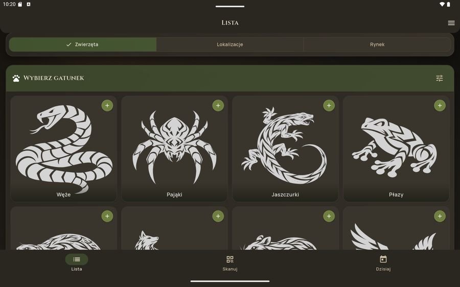 Species selection list